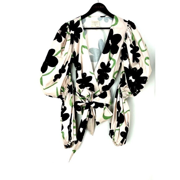 Alexandra Bueno Manglar Rebecca Shirt Women Sz L Pink Black Puff Sleeve Wrap Top - Picture 6 of 12